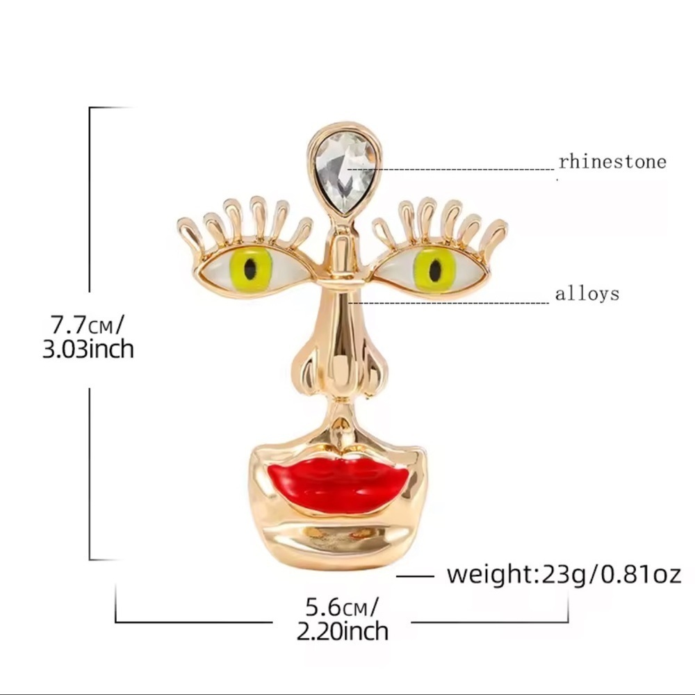 Abstract Face Brooch with Red Lips and Yellow Eyes - Picture 6 of 11